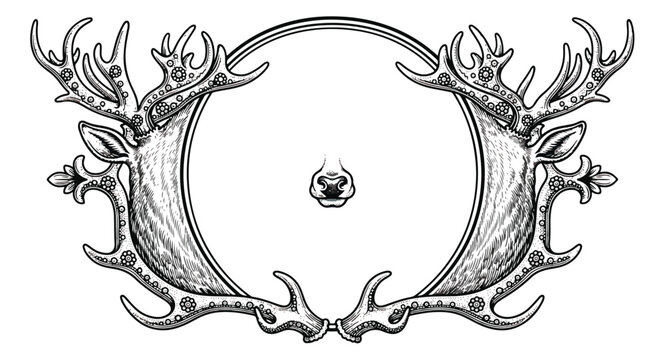 Vintage deer antler frame with ornate circular border, hand drawn hunting trophy crest, rustic black and white stag horn emblem for outdoor labels