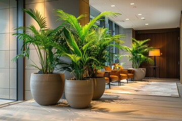 Fototapeta premium Indoor lobby area featuring large potted plants and modern seating arrangement with warm lighting and elegant decor elements