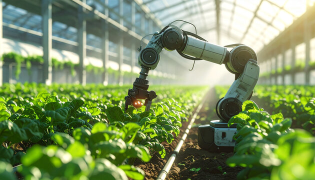 Smart farming robot tending to leafy vegetables in greenhouse