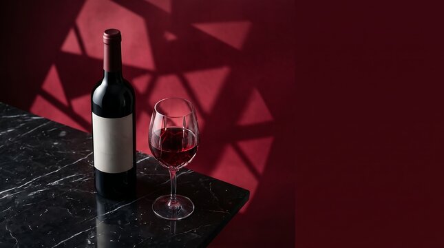 Red Wine Bottle and Glass on Black Marble Table