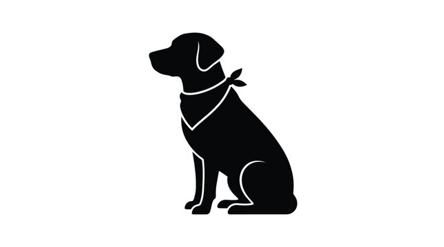 Minimalist vector graphic illustration of a cute sitting labrador retriever dog wearing a stylish fabric bandana around its neck area
