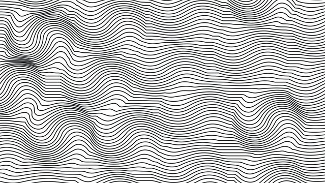 Abstract wavy line pattern, black and white optical illusion background, distorted topographic vector texture for modern graphic design