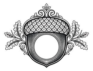 Vintage acorn crest with oak leaves, antique woodcut style nut illustration, heraldic forest emblem vector for organic branding and labels © zahra
