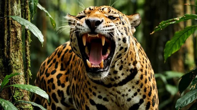 Jaguar roaring loudly in dense jungle environment filled with rich green foliage. Close-up view captures strength and beauty of this big cat