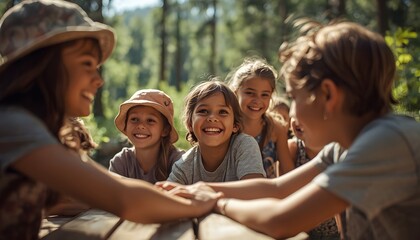 Obraz premium Group of happy children holding hands and smiling together outdoors enjoying friendship and nature in warm sunlight