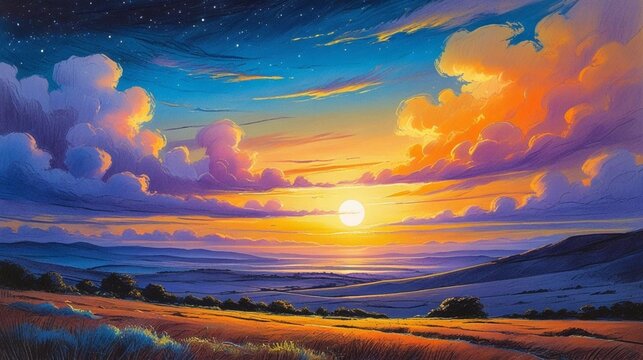 夕焼けと星空が広がる大自然のイラスト