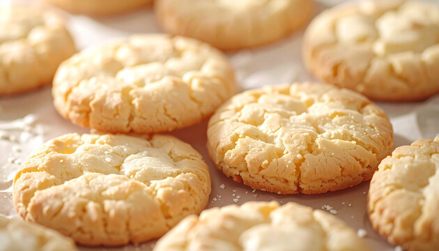 Freshly baked homemade butter cookies with cracked texture close up