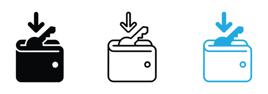 Crypto Wallet with Key Icon. Digital Wallet Access Symbol. Financial Deposit Vector Icon. 