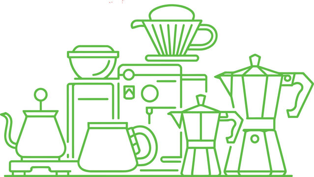 Green line drawing of various coffee makers and brewers on white background