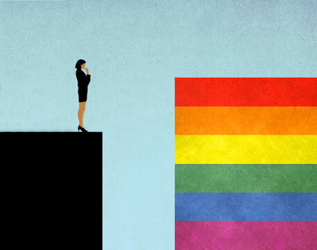 Illustration of woman standing at edge of steep cliff looking at rainbow flag on opposite side