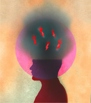 Abstract silhouette showing stress and anger with storm in head