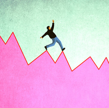 Businessman balancing along collapsing graph