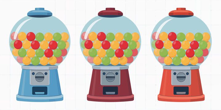 Gumball Machine vector illustration featuring colorful candy ball dispensers in full partial and empty variations for playful retail and vending design