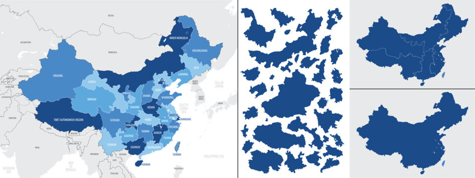 Political map of China with provinces and individual country and region outlines, editable vector infographic set