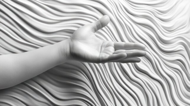 Open hand gesture against wavy white background.