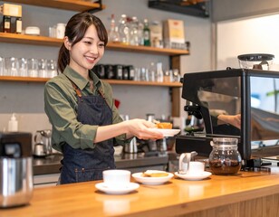 Fototapeta premium Cafe Staff Serving Coffee and Pastry at Cozy Coffee Shop Counter