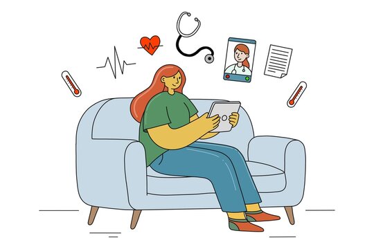 Illustration of telemedicine consultation at home with digital tablet