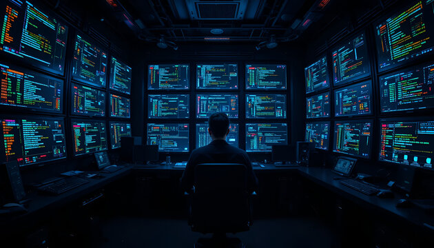 Man sitting in front of multiple computer screens