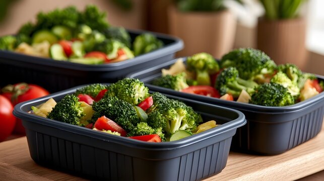 Three black meal prep containers filled with fresh broccoli  tomato slices  cucumber  and other vegetables on a wooden surface