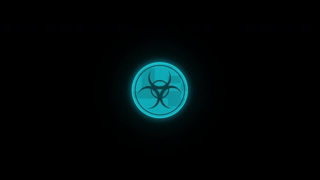 Glowing Neon Biohazard Symbol Rotating in Dark Space.