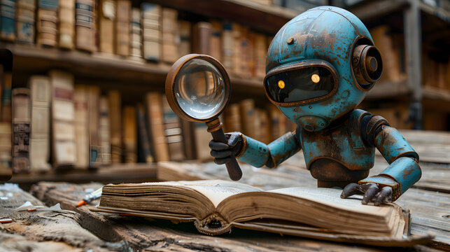 Adorable AI Robot with Magnifying Glass Studying Book Fun Learning Illustration 4K

