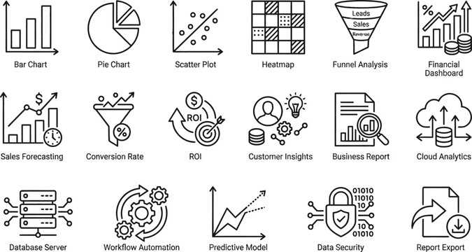 Data Analytics and Business Intelligence Line Icon Set - Financial Dashboard, Data Visualization, Workflow Automation, and Predictive Modeling Concepts