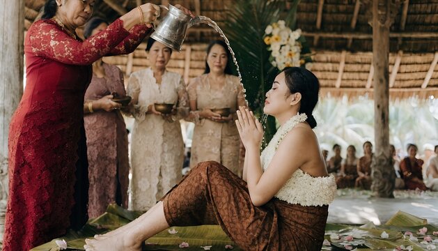 Javanese Bride Siraman Ceremony Being Blessed With Flower Water By Elder Women In Traditional Kebaya Sacred Pre Wedding Ritual Bathing Ceremony Indonesian Culture Concept