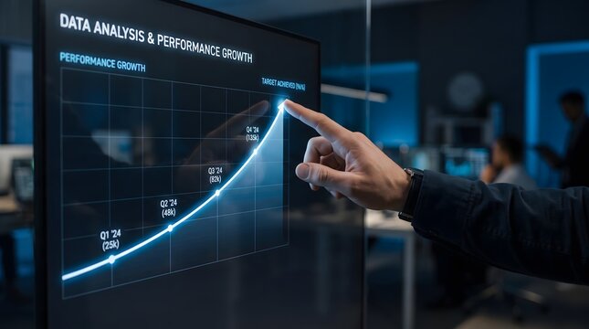 Touch-enabled display presenting data analysis and performance growth chart with targeted achievements, illustrating measurable business progress and success indicators