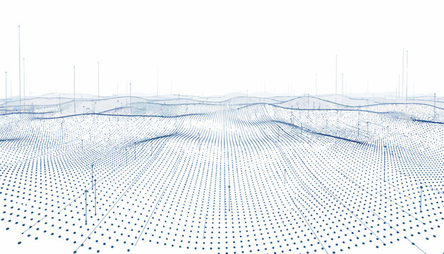 Abstract digital landscape with blue dots and lines on white background