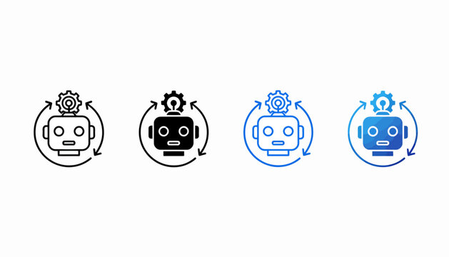 Four robot icons with gear symbols, showing automation or technology themes