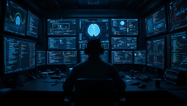Person sitting in front of multiple computer screens displaying brain data and coding in a dark room