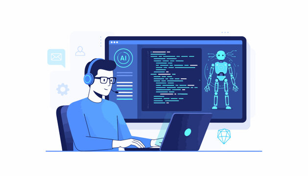 Coder working on AI robot project, focused and tech-savvy