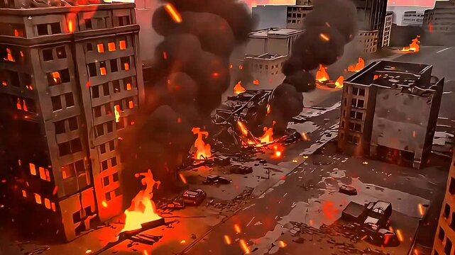 City Destroyed by Disaster Apocalypse Fire Smoke Buildings Collapsed