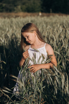 Child enjoying tactile nature in a serene wheat field