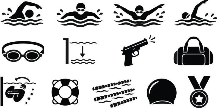 Black vector glyph icons: swimming, sport, equipment, safety, miscellaneous objects.