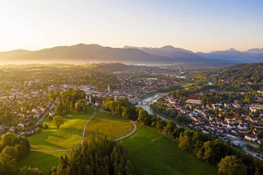 Aerial view of Bad Toelz against clear sky at sunrise, Bavaria, Germany