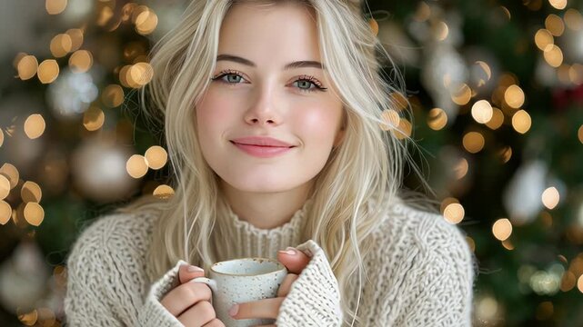 Cozy winter scene: woman enjoying hot cocoa with festive lights and winter sweater in warm setting