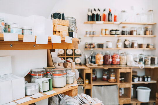 Cosmetics products in jars on shelf at store