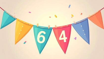 Obraz premium Festive Flag Garland with Number 64 for Birthday and Anniversary Party