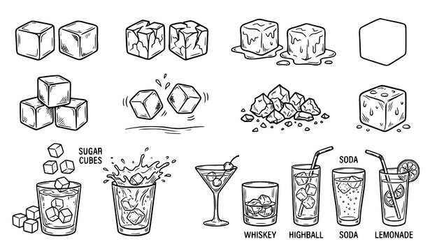 Hand Drawn Ice Cube Sketch Doodle Vector Set with Water Splash Drink and Cocktail Outline Icons