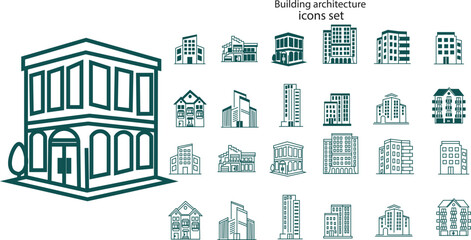 Fototapeta premium Building architecture icons set with outline and solid vector glyphs of modern houses. Office building icon representing business, corporate company and commercial real estate. Line and silhouette ill