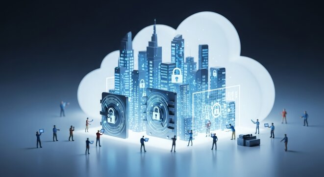 Miniature workers securing a futuristic digital city with encrypted data architecture, illustrating cybersecurity and information protection
