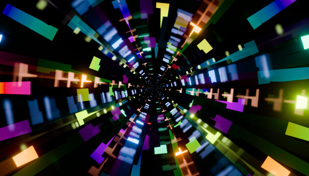 Colorful abstract digital light tunnel displaying warp speed