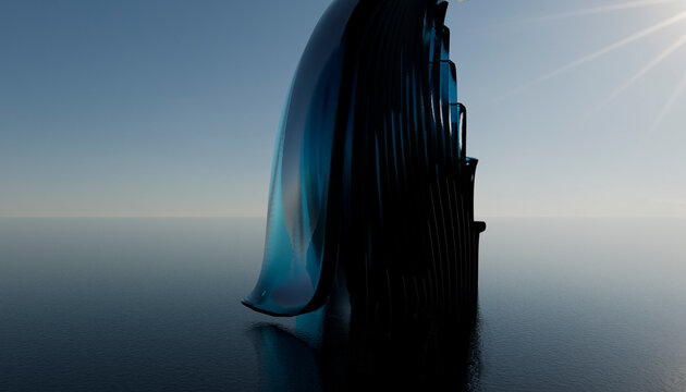 Abstract 3d blue glass shape reflecting on quiet water outdoors