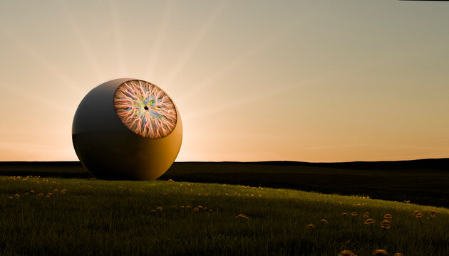 Giant surreal eye resting in a grassy meadow at sunset