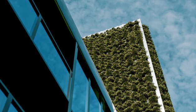Modern office building with green facade and glass reflection