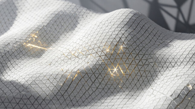 3D parametric wave texture with white triangular grid pattern and kintsugi gold lines