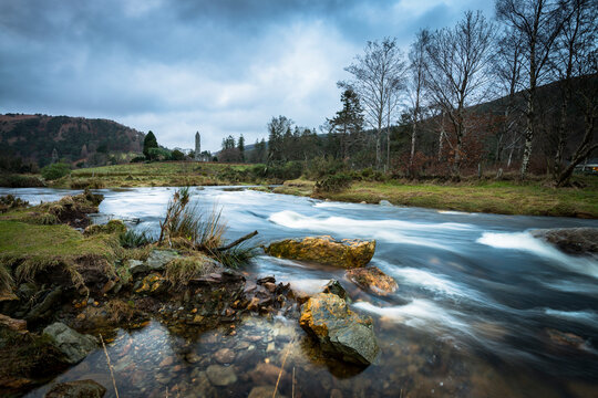 Ireland, River in Glendalough, monastery in background