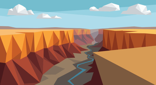 Wide panoramic canyon view reveals low poly rock walls and a narrow river snaking through the desert under a clear blue sky.