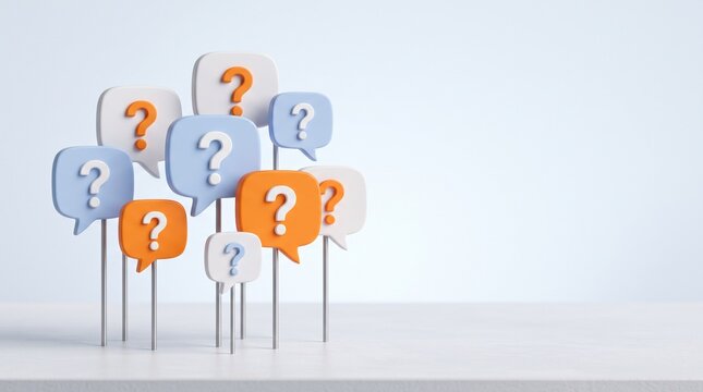 
Group of Colorful Question Mark Speech Bubble Pins on Grey Background for Customer Support FAQ Landing Pages and Quiz Presentation Slides